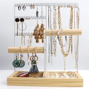 4-Tier Earring Holders & Necklace Towers - Jewelry Organizer w/ Velvet Ring Tray